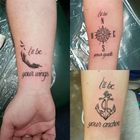 side by side photos, feather compass and anchor, forearm tattoos, small ...