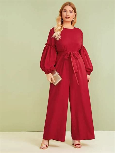 Plus Frill Trim Lantern Sleeve Wide Leg Jumpsuit Shein Usa Wide Leg