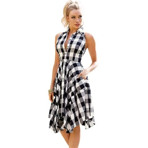 2018 Summer Women Dress Casual Plaid Sleeveless Dress Pleated Pocket V