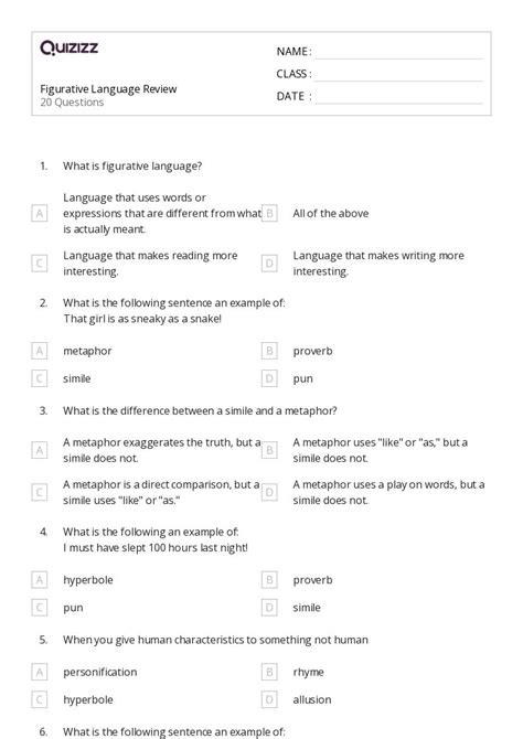 50 Figurative Language Worksheets For 4th Grade On Quizizz Free And Printable