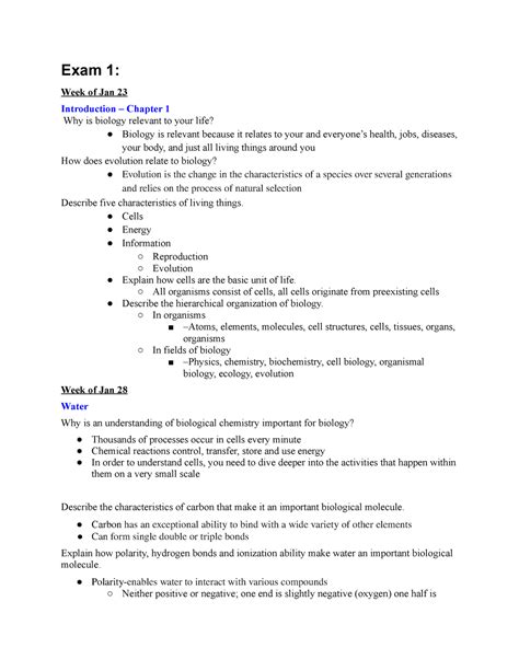 BIO 101 Study Guide Exam 1 Exam 1 Week Of Jan 23 Introduction