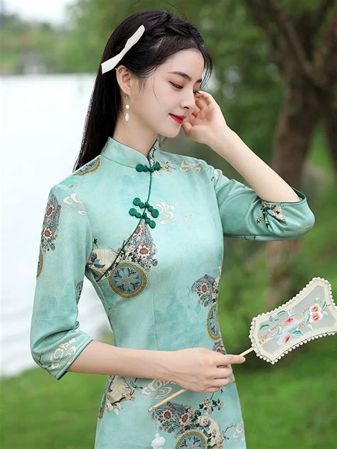 Yeni Kad N Ye Il Sar S Et Cheongsam Uzun Kollu Vintage Elbise Art