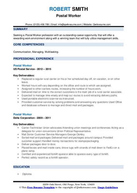 Postal Worker Resume Samples Qwikresume