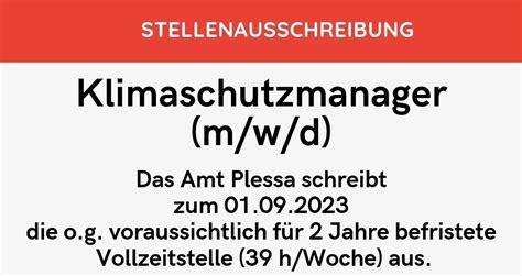 Stellenausschreibung Klimaschutzmanager M W D Amt Plessa