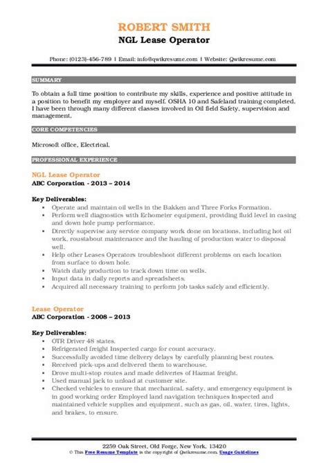 Lease Operator Resume Samples Qwikresume