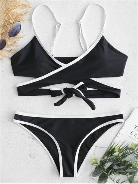 17 OFF 2021 ZAFUL Contrasting Trim Wrap Bikini Set In BLACK ZAFUL