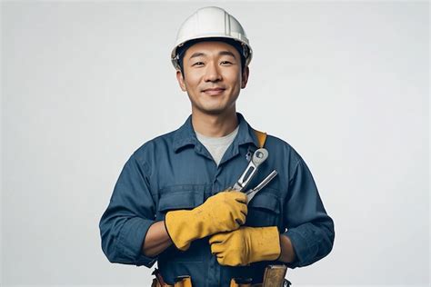 Asian Workers Smiling Workers Holding Tools Smiling Chinese Japanese