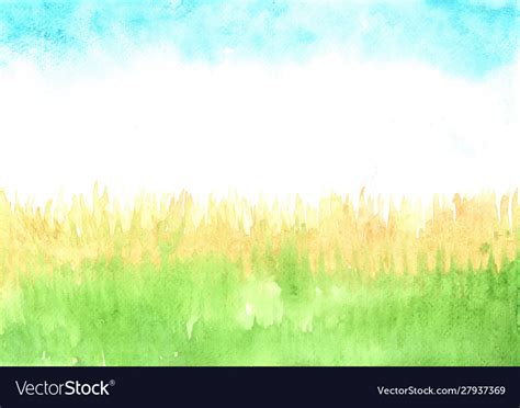 Dried Grass Filed With Blue Sky Watercolor Vector Image