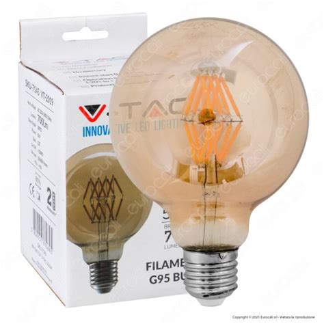 V Tac VT 2019 Lampadina LED E27 8W Globo G95 Filamento Ambrata SKU