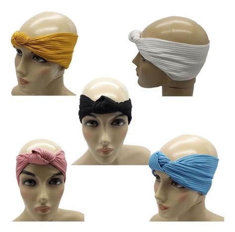 5 Faixas Para Cabelo Handband Nozinho Malha Canelada Turbante Vitrine