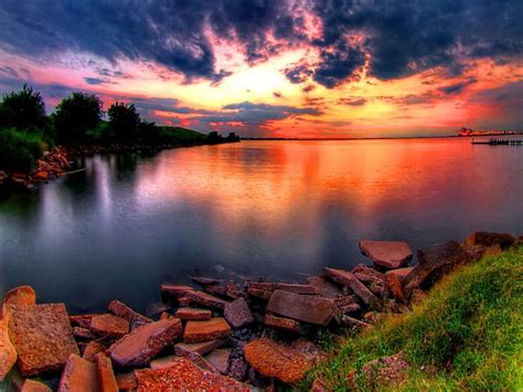 Sunset River Pretty Neautiful Shore Riverbank Grass Sunset