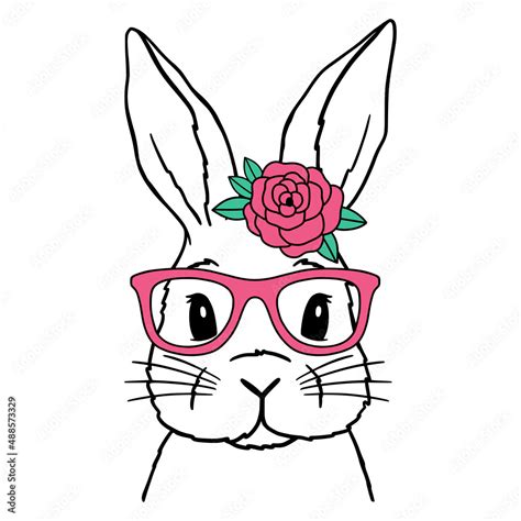 Cute Rabbit Line Art Bunny With Rose And Pink Glasses Bunny Sketch