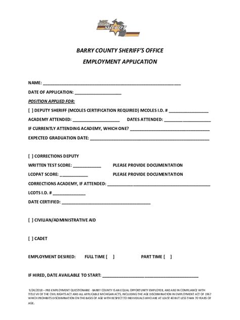 Fillable Online Barry County Sheriff S Office Employment Application