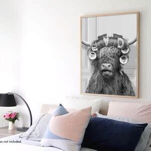 Black And White Highland Cow In Hair Curlers Print Cow Bathing Funny