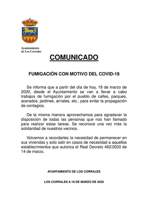 COMUNICADO FUMIGACIÓN CON MOTIVO DEL COVID 19