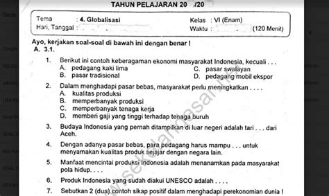 Soal Ulangan Semester 1 Kelas 6 Tema 4 Globalisasi Sekolahdasarnet