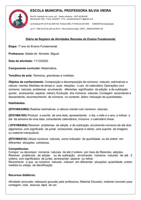 1º Ano Plano De Aula De MatemÁtica ComposiÇÃo E DecomposiÇÃo De NÚmeros CÁlculos Mentais