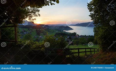 Viewpoint Above Krattigen Tourist Resort At Sunset Lake Thunersee