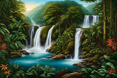 a painting of a waterfall in the jungle. AI-Generated 30057976 Stock ...