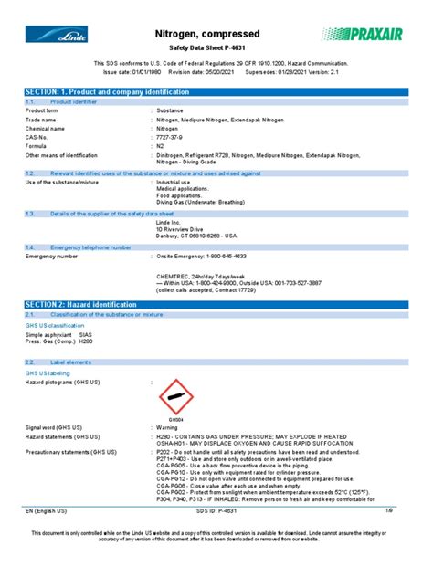 Nitrogen Compressed Safety Data Sheet Sds P4631 Pdf Firefighting Breathing