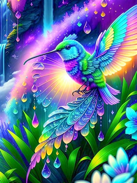 A Painting Of A Colorful Bird In Flight With Water Drops Falling From