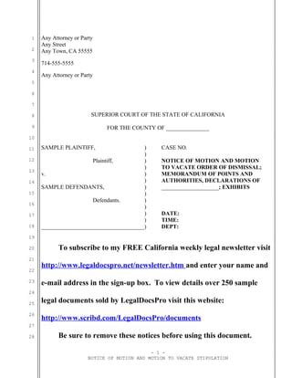 Sample Motion To Vacate Stipulation In California PDF