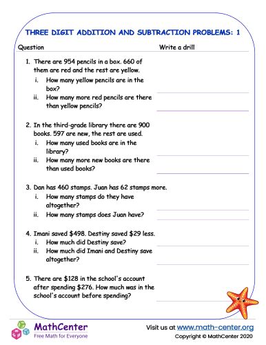 Three Digits Addition And Subtraction Problems Worksheets Math Center