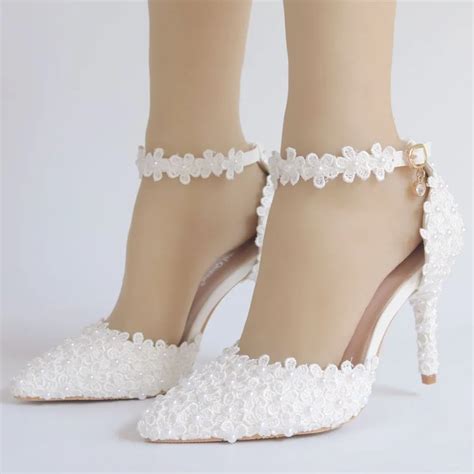 Lace Beading White Wedding Bridal Shoes Stiletto Pointed Large Size