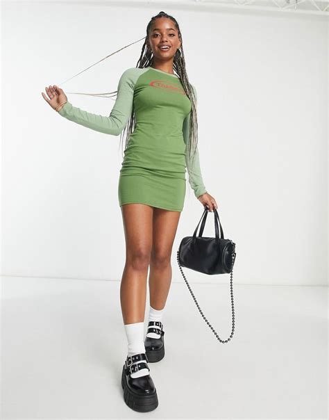 Tammy Girl Long Sleeve Raglan Bodycon Dress In Khaki With Grunge Logo Asos Tshirt Dress