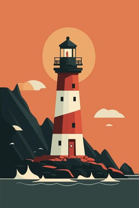 Lighthouse On The Rocks Flat Cartoon Style