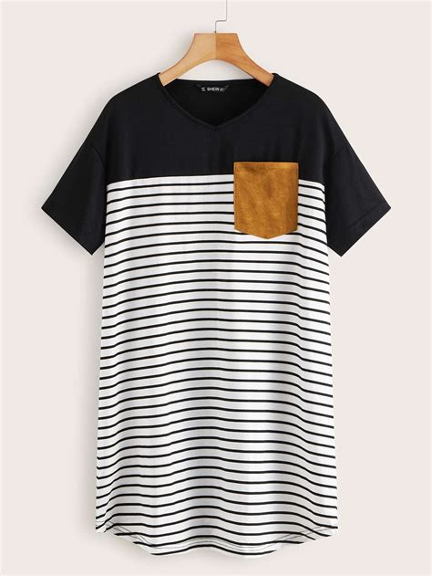 Shein Suede Pocket Patched Striped Two Tone Tee Dress Shein Usa