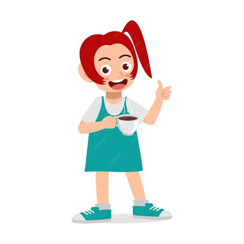 Premium Vector | Little kid drink hot coffee and feel happy