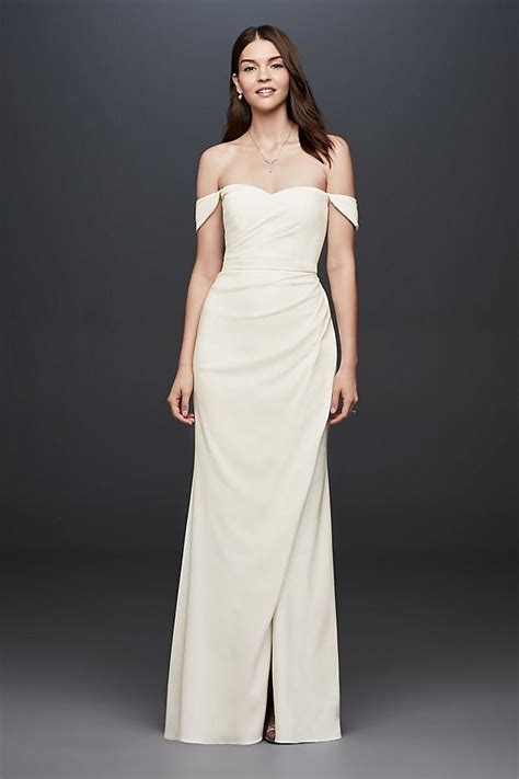 Davids Bridal Draped Off The Shoulder Crepe Sheath Gown Shop The