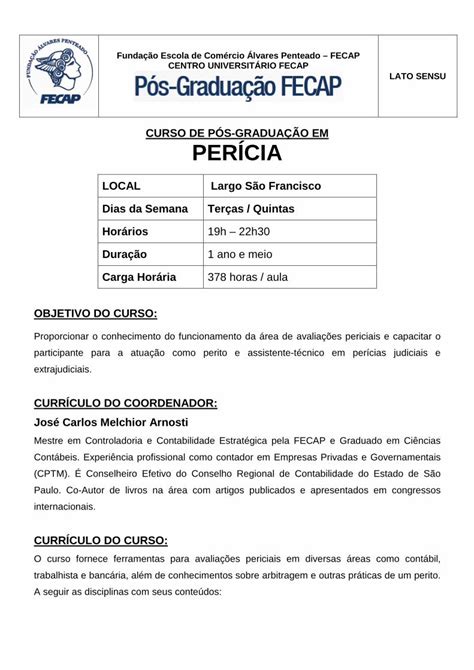 Pdf Curso De PÓs GraduaÇÃo Em PerÍcia Portal Fecap · · Modelo De Currículo Para O Ingresso