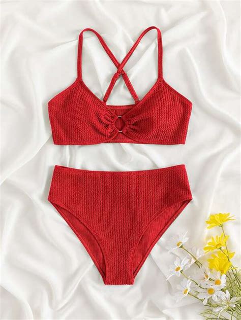 Teen Girls Textured Ring Linked Criss Cross Bikini Swimsuit Shein Usa