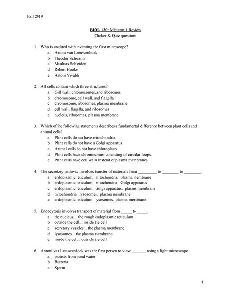 Midterm 1 October 2019 Questions And Answers Fall 2019 Biol 130