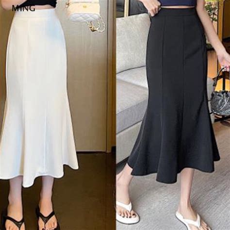 Ming Slim High Waist Wrap Hip Black Fishtail Skirt Women Long Korean