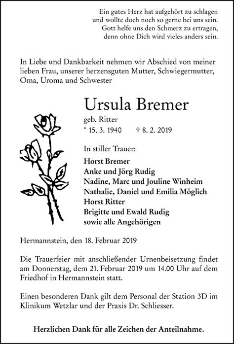 Traueranzeigen Von Ursula Bremer Vrm Trauer De