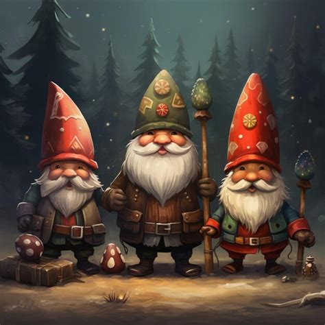 Premium Photo Three Gnomes With Hats And Holding A Staff In A Forest