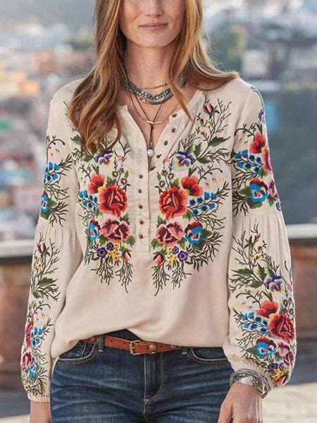 Women Boho Blouses Casual V Neck Long Sleeve Embroidery Plus Size