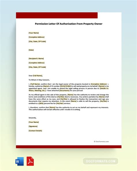 Permission Authorization Letter From Property Owner Word Pdf