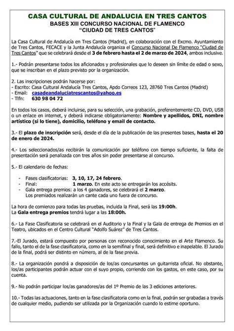 Bases XIII Concurso Nacional De Flamenco Ciudad De Tres Cantos 2024