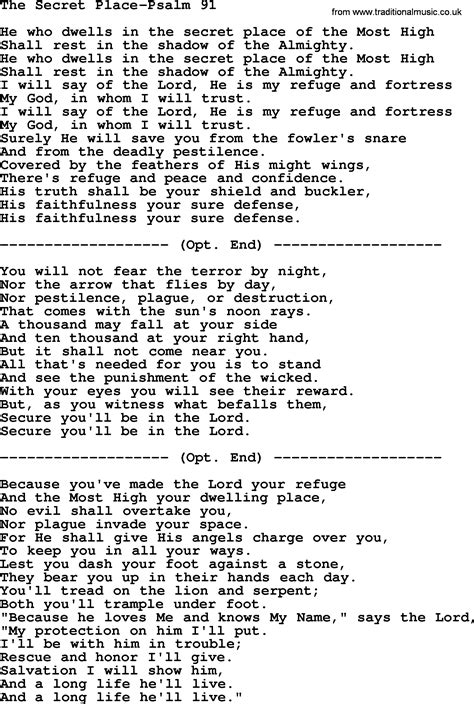 Hymns From The Psalms Song The Secret Place Psalm 91 Lyrics With Pdf