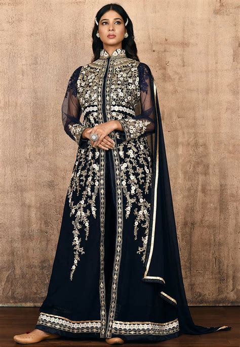 Buy Embroidered Georgette Front Slit Abaya Style Suit In Navy Blue