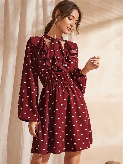 Shein Tie Neck Ruffle Detail Lantern Sleeve Heart Print Dress Sexy