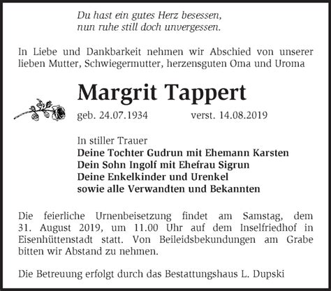 Traueranzeigen Von Margrit Tappert M Rkische Onlinezeitung Trauerportal