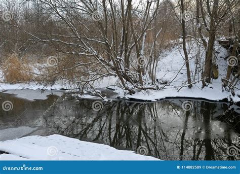 Paisagem Do Inverno Rio Os Bancos Congelados Na Floresta Imagem De