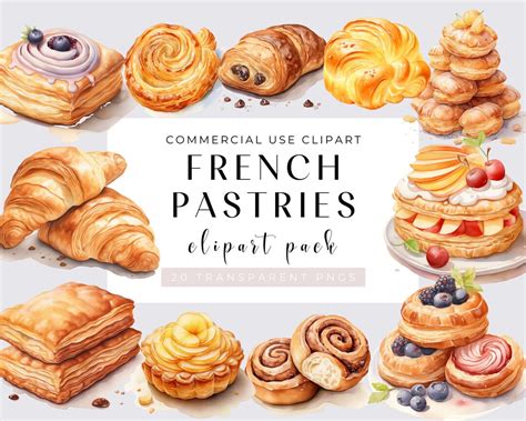 French Pastries Watercolor Clipart Bundle 20 PNG Gourmet Pastry Images ...