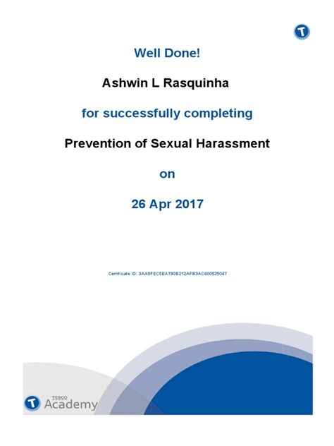 Certificate Of Completion For Prevention Of Sexual Harassment Training On April 26 2017 Pdf