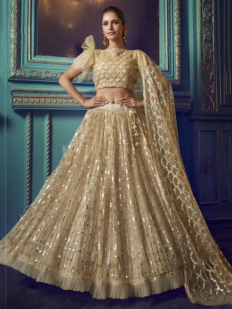 Buy Golden Sequins Soft Net Party Wear Lehenga Choli With Dupatta